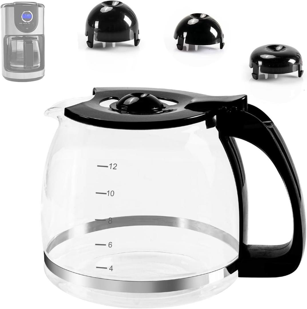 12-Cup Glass Carafe Replacement Pot for Mr Coffee, Black & Decker, Hamilton Beach, KitchenAid, Universal Coffee Maker Carafe Pot 12 Cup- 1.8L Coffee Pot with Handle & 3 Snap-On Caps in Different Sizes