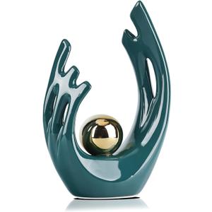 9.5" H Teal Gold Aesthetic Room Decor Accent, TV Stand Funky Table Centerpiece, Abstract Art Ceramic Statue and Sculpture, Teal Decor for Living Room, Bookshelf Decorative Objects, Shelf Decor (Small, Green)