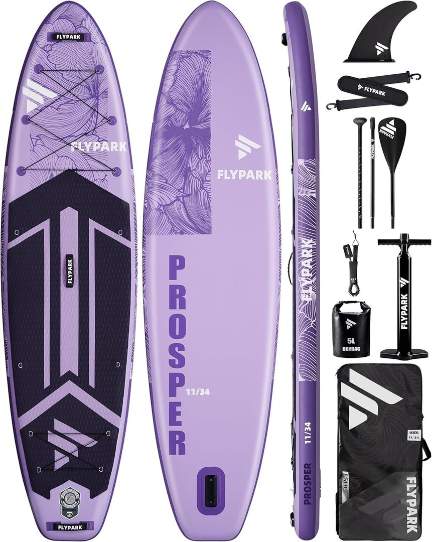 11'x34 Inflatable Paddle Boards, Extra Wide SUP for 420lbs/3Adults, Yoga Stand Up Paddle Board, 110L Backpack, 15 D-Rings, Shoulder Strap, US-Fin, 2-Action Pump