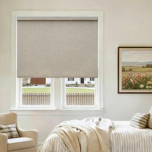 Blackout Roller Shades Cordless Blinds for Windows, Free-Stop Shades with Valance, Thermal Insulated Linen Fabric UV Protection Natural Woven Beige Blinds for Home and Office Oatmeal 42" W x 72" H