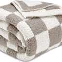 CozeCube Super Soft Fullfy Microfiber Reversible Knitted Blankets, Warm Cozy Fuzzy Plush Throw, Grey and White Checkered Throw Blanket for Couch Bed Sofa, 50" x 60"