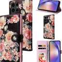 UEEBAI Wallet Case for Samsung Galaxy S23 Ultra 5G, PU Leather Phone Case Kickstand RFID Blocking Flip Case with Card Slots Wrist Strap Relief Engraved Pattern Magnetic Closure Folio Case - Black Rose