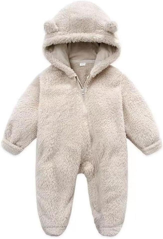 UVIPC Newborn Baby Bear Fleece Outfit Footie Jumpsuit Winter Romper Snowsuit outfit Bear Suit Warm Hooded Outfits (3-6 Months, White)