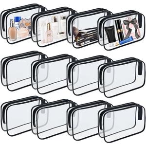 12 Pieces Clear Makeup Bags, TSA Approved Toiletry Bag for Travel, PVC Transparent Cosmetic Pouch with Zipper, Waterproof Vinyl Plastic Organizer Case for Vacation Bathroom (Medium)