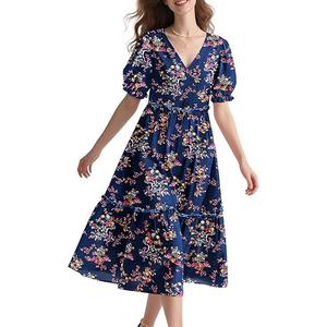 YESNO Summer Floral Midi Dresses for Women V Neck Puff Short Sleeve Frill Trim Dress with Pockets EVX, Size: L
