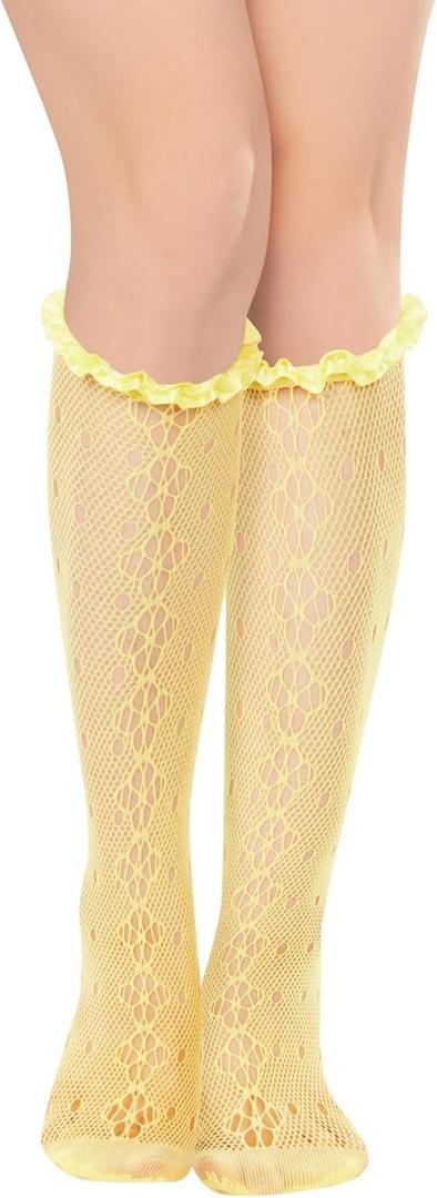 Benefeet Sox Lace Fishnet Knee High Socks Woemn Girls Colorful Lace Stockings Frilly Knee High Stockings (Yellow)