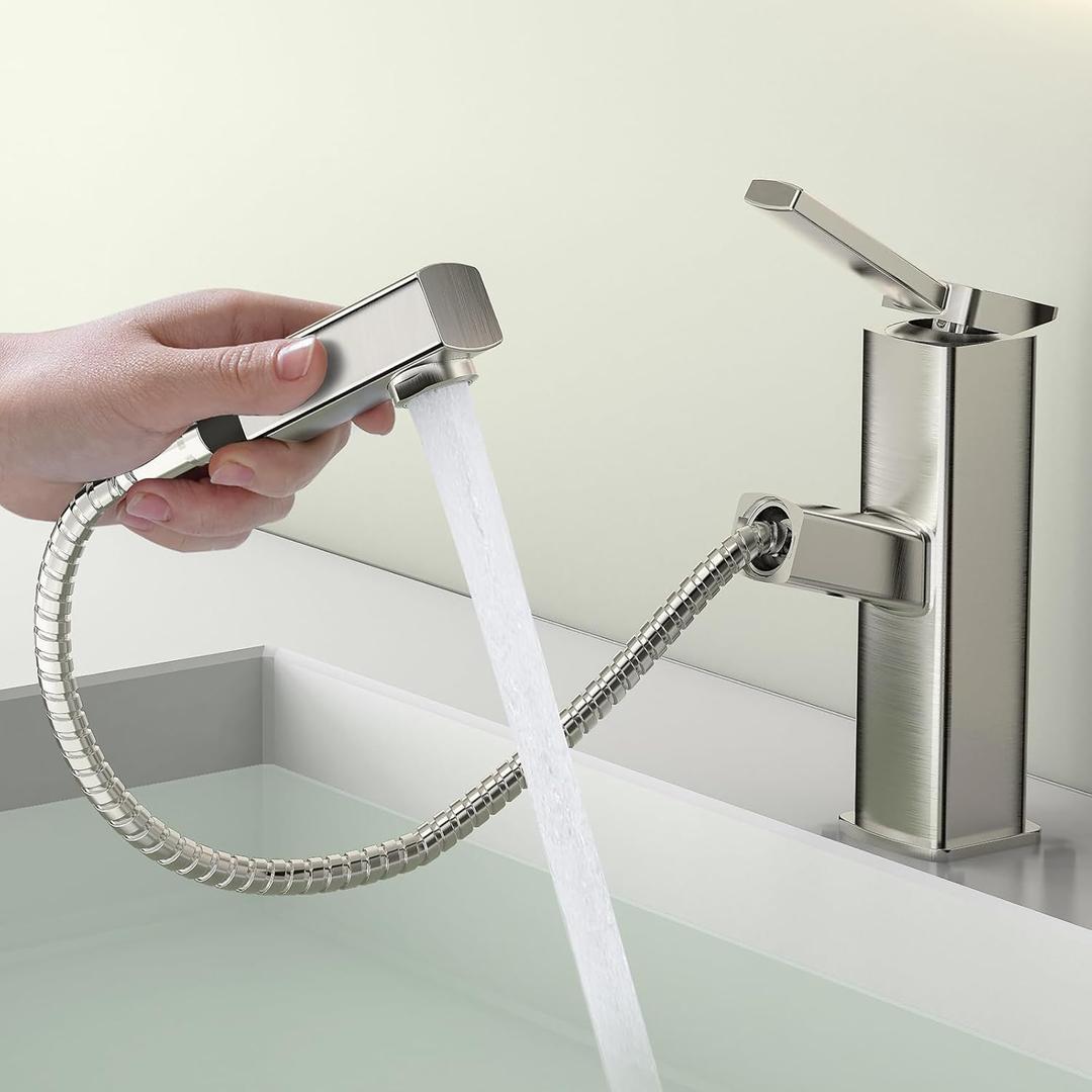 JONKEAN Pull Out Bathroom Faucet 1 Hole, Square Single Handle Bathroom Sink Faucets, Single Hole Bathroom Faucet with Pull Down Sprayer, Modern RV Lavatory Vanity Faucet (Brushed Nickel, Regular)