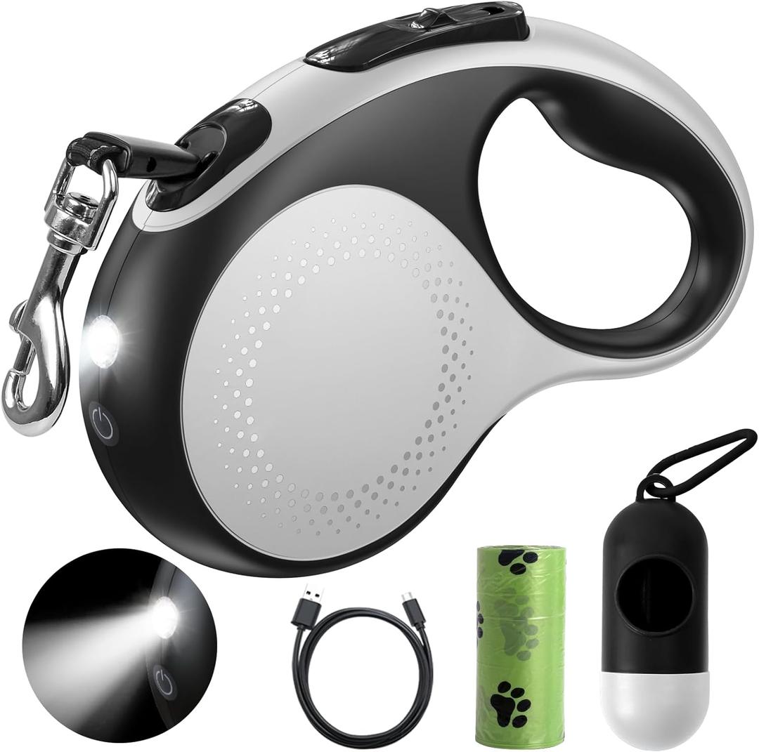 Retractable Dog Leash with Led Light, Douexio 16ft Heavy Duty Dog Leash Retractable for Medium Large Dogs Up to 110lbs, 360 Tangle-Free, One-Button Control, High Strength Hook (White, 66-110 lbs)