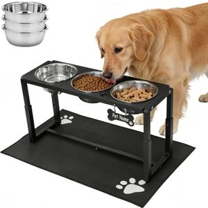 Metal Elevated Dog Bowls for Medium/Large Breed, 3 Adjustable Height(8.8''/11.5''/14'') Raised Dog Bowls Stand with Three 58oz Large Stainless Steel Dog Bowls, with The Splash pad