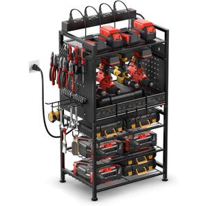 JUNNUJ Power Tool Organizer Floor Stand with Charging Station, Garage Adjustable Storage Rack Utility Tool Shelf with 8 Outlet Power Strip, Heavy Duty Drill and Battery Holder, Black (6 FT Power Cord)