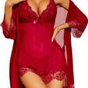 RSLOVE Women Sexy Lingerie Set 3 Piece Babydoll & Lace Kimono Robe Strap Chemise Sleepwear Mesh Nightgown (Large, Wine Red)