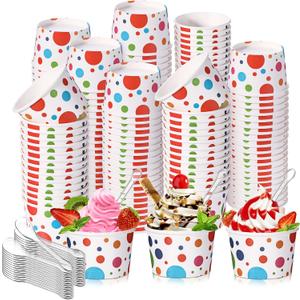 Boao 200 Set 5 oz Ice Cream Cups with Spoons Disposable Paper Sundae Dessert Bowls Summer Party Supplies (Bright Style)