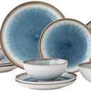 WHITEPEONY Blue Stoneware Dinnerware Set, 12 Pieces, Blue Stripe Marble, Dishwasher & Microwave Safe