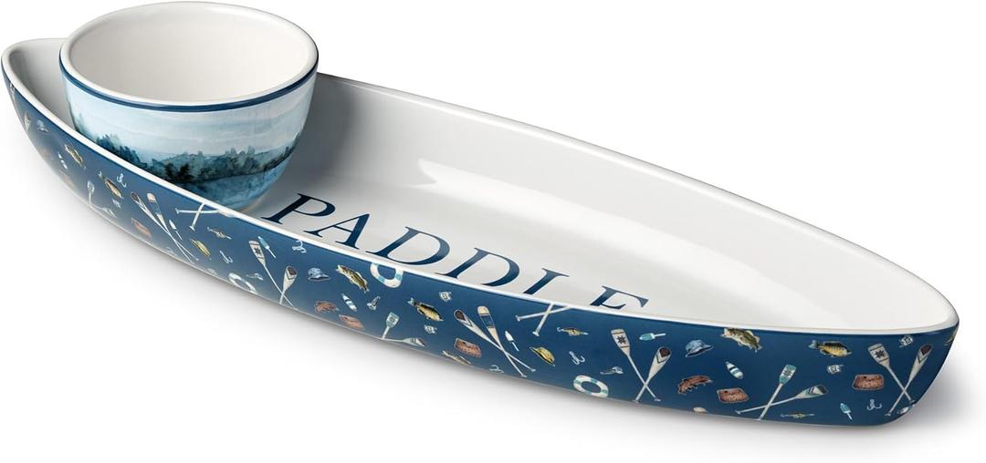 Wake at the Lake 3-D Canoe Chip & Dip Set, Two-Piece Serving Tray with Dip Bowl & Spreading Knife, Durable Design, Lightweight & Easy to Clean, Perfect for Chips, Veggies & Dips
