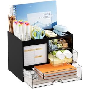 Marbrasse Desk Organizer with 3 Drawer, Multi-Functional Pencil Pen Holder for Desk, Desk Organizers and Accessories with 4 Compartments, Desktop Organizer Storage for Office Home Art Supplies (Black)