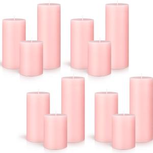 Sumind Set of 12 Poured Pillar Candles 3"x 4", 6", 8" Dripless Unscented Long Clean Burning Rustic Country Style for Wedding, Christmas, Home Decor, Relaxation, All Occasions (Pink)