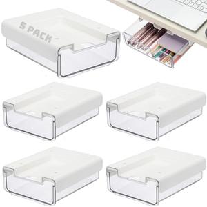 RHBLME 5 Pack Under Desk Drawer, Under Shelf Drawers Slide Out Self-Adhesive Standing Desk Drawer Attachment, Plastic Workspace Organizers for Office Home School