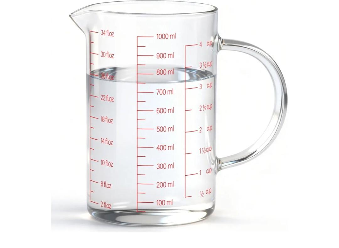 Luvan 34OZ/1000ML Glass Measuring Cup, 4 Cup Glass Measuring Cups With 3 Scales (Ml/Oz/Cup), High Borosilicate Measuring Cup With Handle and V-Shaped Spout, Dishwasher/Freezer/Microwave Safe