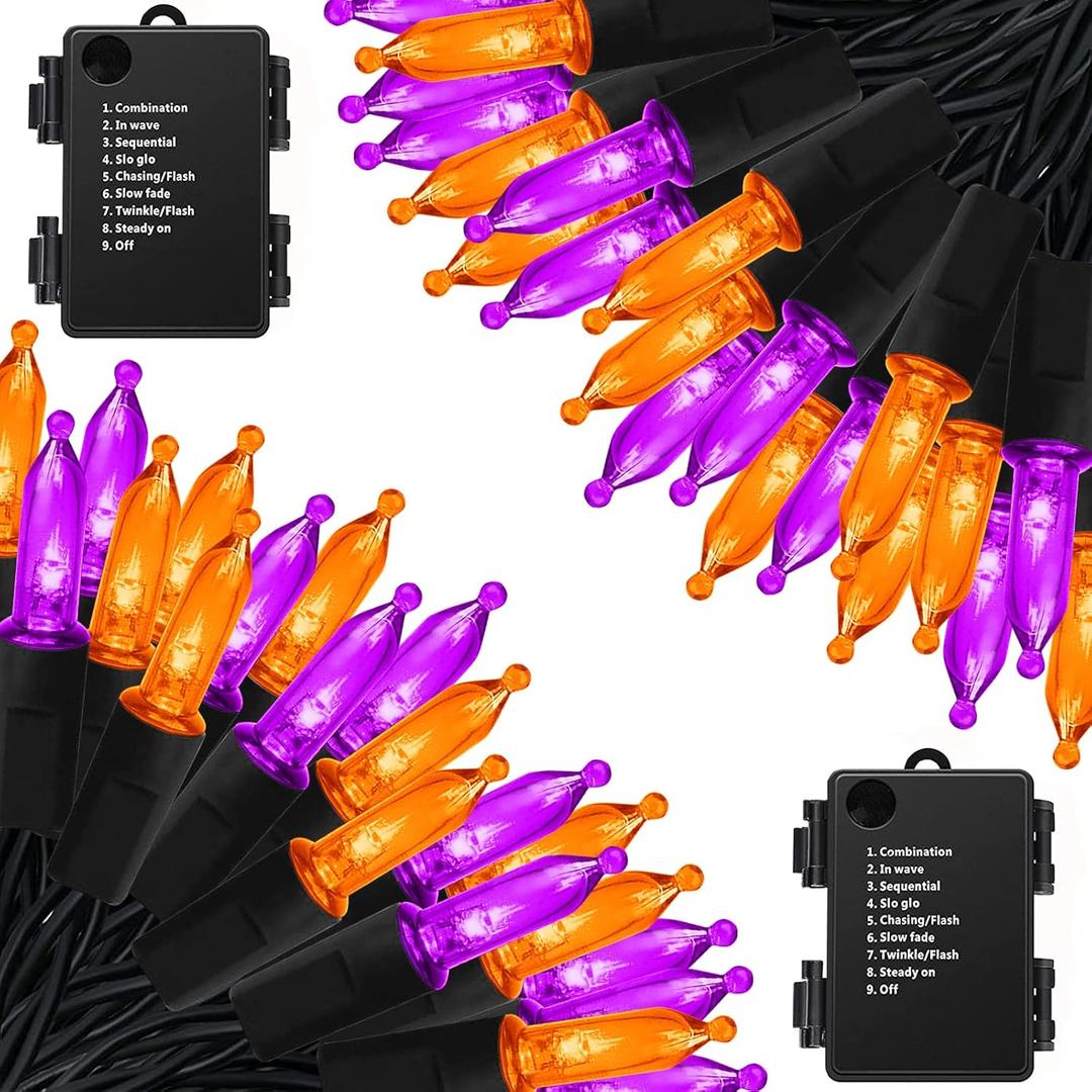 Orange Purple Battery Operated Christmas Lights, 2 Pack 17ft 50 LED Mini String Lights with 8 Modes Auto-Timer, Waterproof Tree Lights for Outdoor Indoor Xmas Holiday Wreath Garden Decor