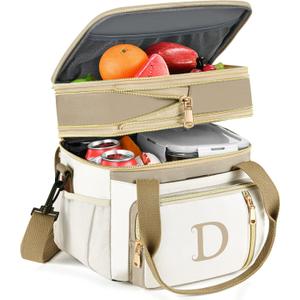 LOKASS Personalized Lunch Bag for Women Work, 16L Initial Insulated Lunch box for Adult/Womens Gift, Leakproof Personalized Gift Lunchbag with Adjustable Shoulder Strap, Cooler Bag Beige - D