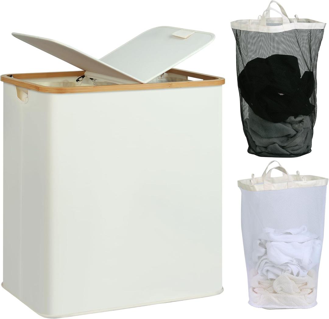 efluky Laundry Hamper with Lid, Double Laundry Hamper with 2 Removable Bags, 2 Section Laundry Basket with Bamboo Handles for Bathroom, Bedroom & Laundry Room, 140L Dual, Beige (36.9 Gallon)