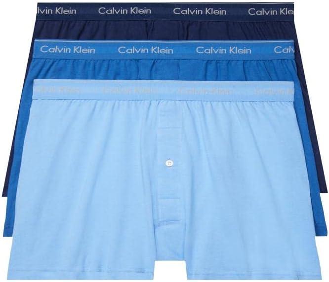 Calvin Klein Men's Cotton Classics 3-Pack Knit Boxer (Large, Blue Bay, Minnow, Medieval Blue)