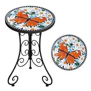 FROMJBEST Mosaic Outdoor Side Table, Patio Side Table, Weather Resistant 14" Diameter 21" H Ceramic Tile Round Outside Table for Patio, Porch, Garden, Pool, Indoor&Outdoor, Plant Stand