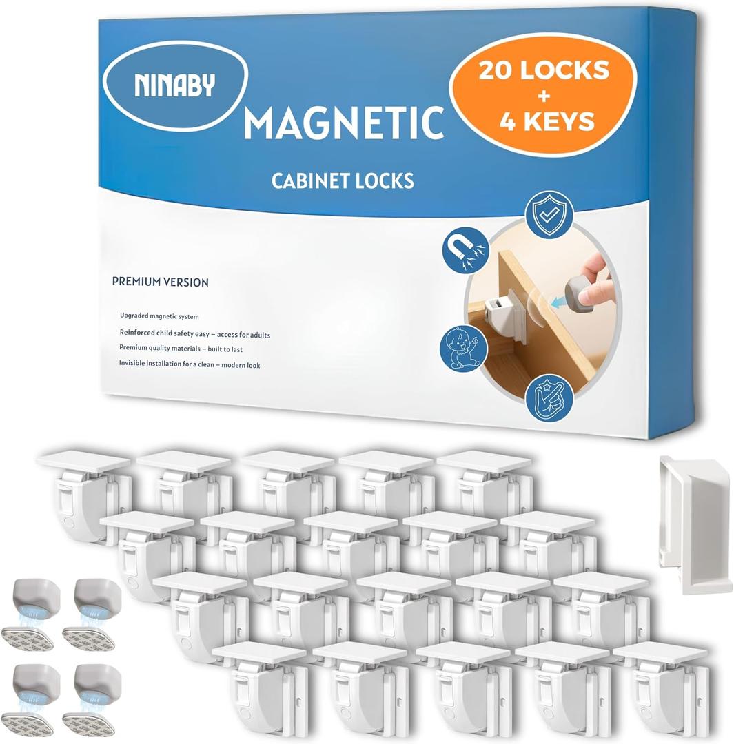 Magnetic Cabinet Locks Baby Proofing 20 Locks + 4 Keys NINABY Ultra-Strong Child Safety Locks for Cabinets & Drawers Up to 1.5" No Drill 3M Adhesive Invisible Installation