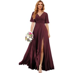 Noras dress Women's V Neck Plum Bridesmaid Dresses Long with Slit Simple Flutter Sleeve A Line Formal Evening Maxi Dresses for Party 14