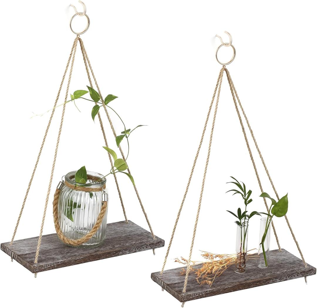 MITIME Hanging Shelves - Indoor Plant Shelf & Wall Hanging - Floating Shelves for Bedroom, Bathroom, Living Room - Macrame Wall Decor, Boho Style, Set of 2 (Medium)