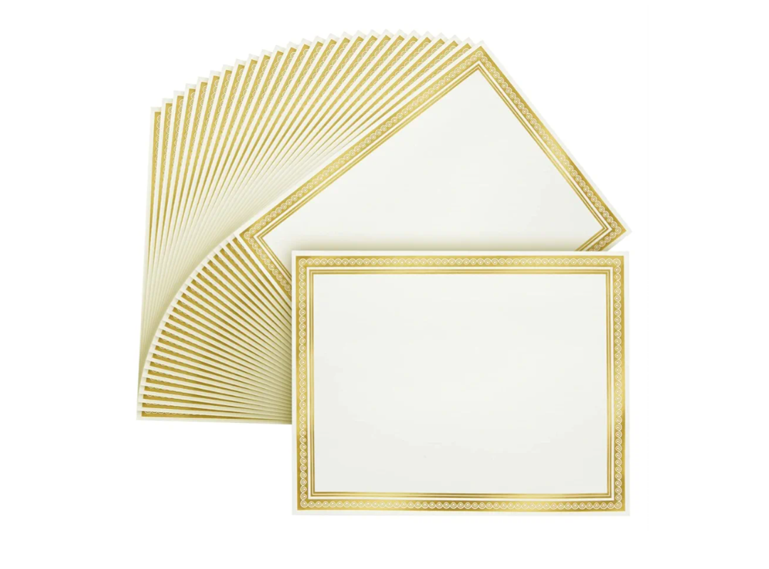 Sustainable Greetings 50 Sheets Gold Foil Award Certificate Paper 8.5 x 11 for Printing - Blank Cardstock for Graduation, Diploma and Achievement (White Awards Certificates)
