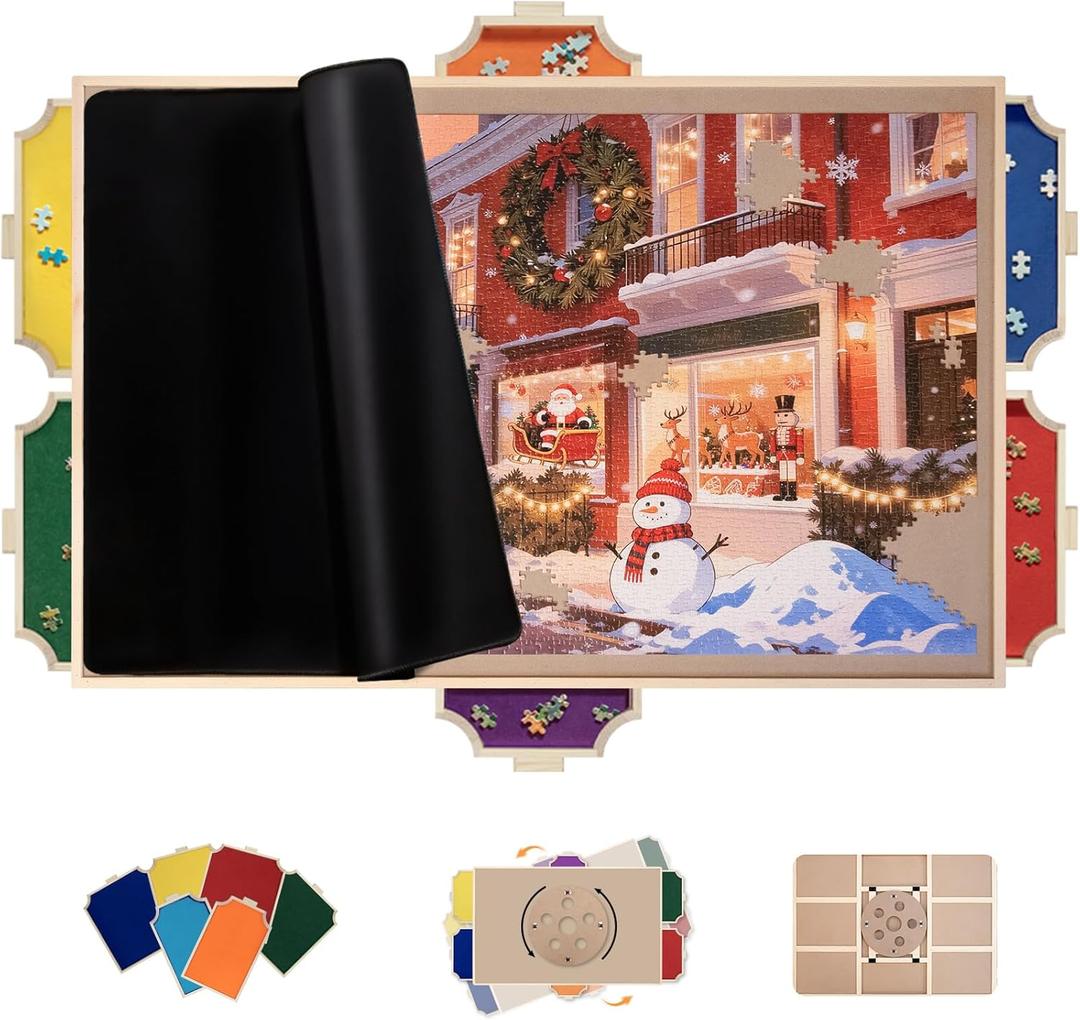 1500 Piece Rotating Puzzle Board Pro, with 6 Drawers, Rubber Cover Mat, 360 Lasy Susan, Sort-Wise Colorful Felt Drawers & 4 Trays, Wooden Jigsaw Puzzle Table, Birthday Gifts for Mom (Multicolor)