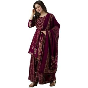 KUROCK Pakistani Kurti Sharara Set For Women's Rayon Mix Cotton Tunic Dupatta Set Indian Summer Dress (Wine) (Medium)
