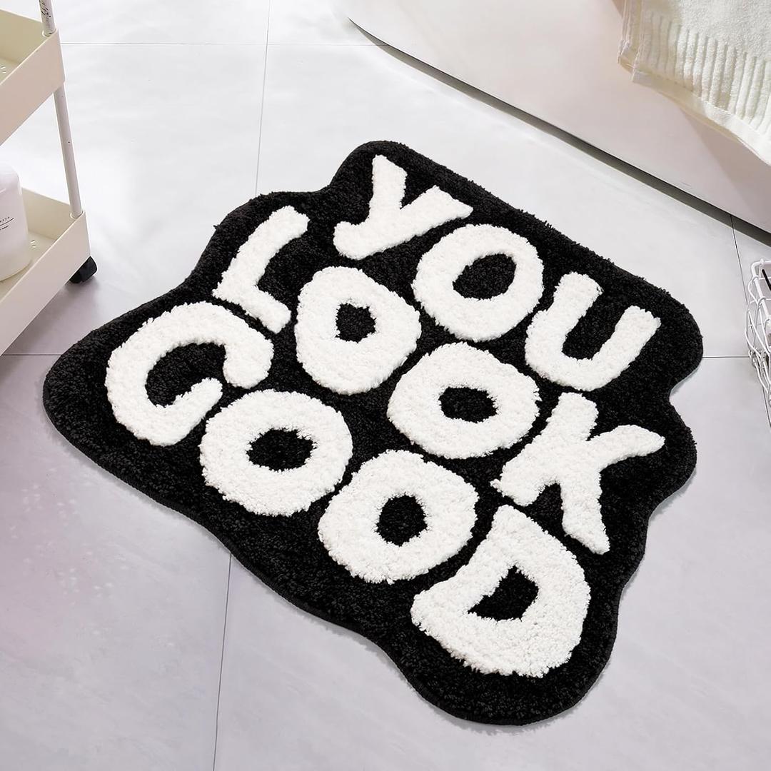 You Look Good Bath Mat Black and White Bathroom Rugs Funny Cute Bathroom Decor Preppy Small Cool Rug Non Slip Microfiber Washable Absorbent Shower Rug, 25x21 