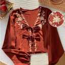 SHENHE Women's Fall Linen Peasant Blouse Tie Front Long Sleeve Floral Embroidered Top Shirt (Brown, S)