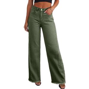 Sidefeel Women's Wide Leg Jeans High Waisted Stretchy Raw Hem Denim Pants Size 12 Green