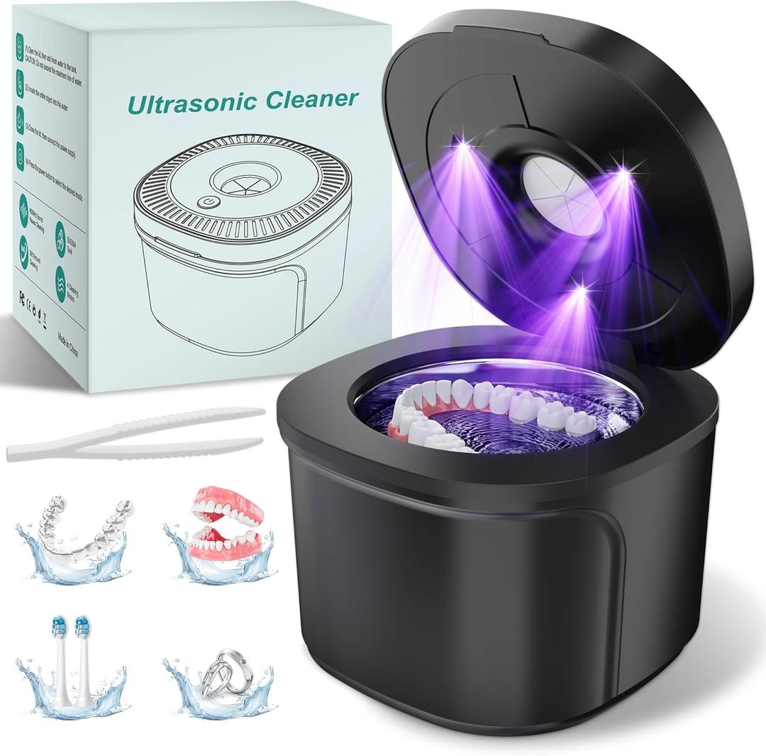 Ultrasonic Retainer Cleaner, Dental Cleaning Pod with U-V Lights, 45kHz Retainer Cleaner Machine for Dentures, Toothbrush Heads, Jewelry, Aligner, Night Mouth Guards (Black)
