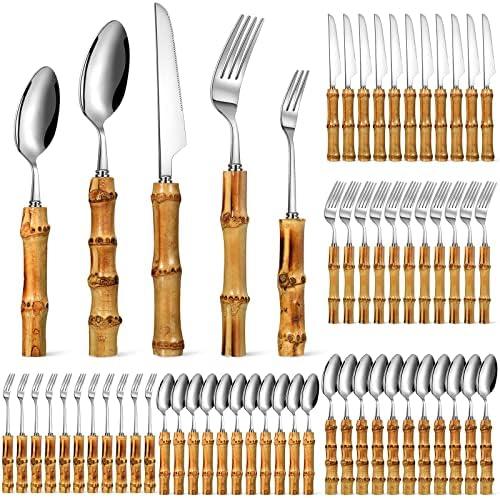 Eboot Bamboo Silverware Set 18/8 Stainless Steel Tableware Set Natural Utensil Flatware Kit Spoon Fork Knives Bamboo Handle Cutlery for Kitchen Wedding Home Restaurant Party(Silver,60 Pieces)