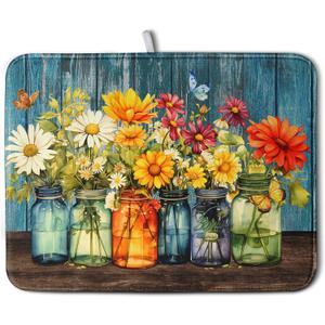 Daisy Dish Drying Mat for Kitchen Counter 18x24 Inch Rustic Vintage Flower Vases Drying Mats Microfiber Absorbent Dishes Drainer Mats Farmhouse Floral Wooden Board Dish Rack Pad