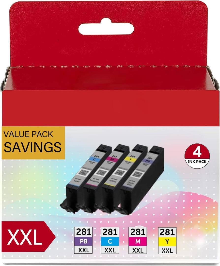 CLI-281XXL Printer Ink Cyan Magenta Yellow Photo Blue Replacement for Canon 281 Ink cartridges Combo Pack for Canon TR7520 TR8520 TR8600 TS6320 TR8622a TS6120 TS6220 TS8120 TS8220 TS9120C/M/Y/PB (4PK)