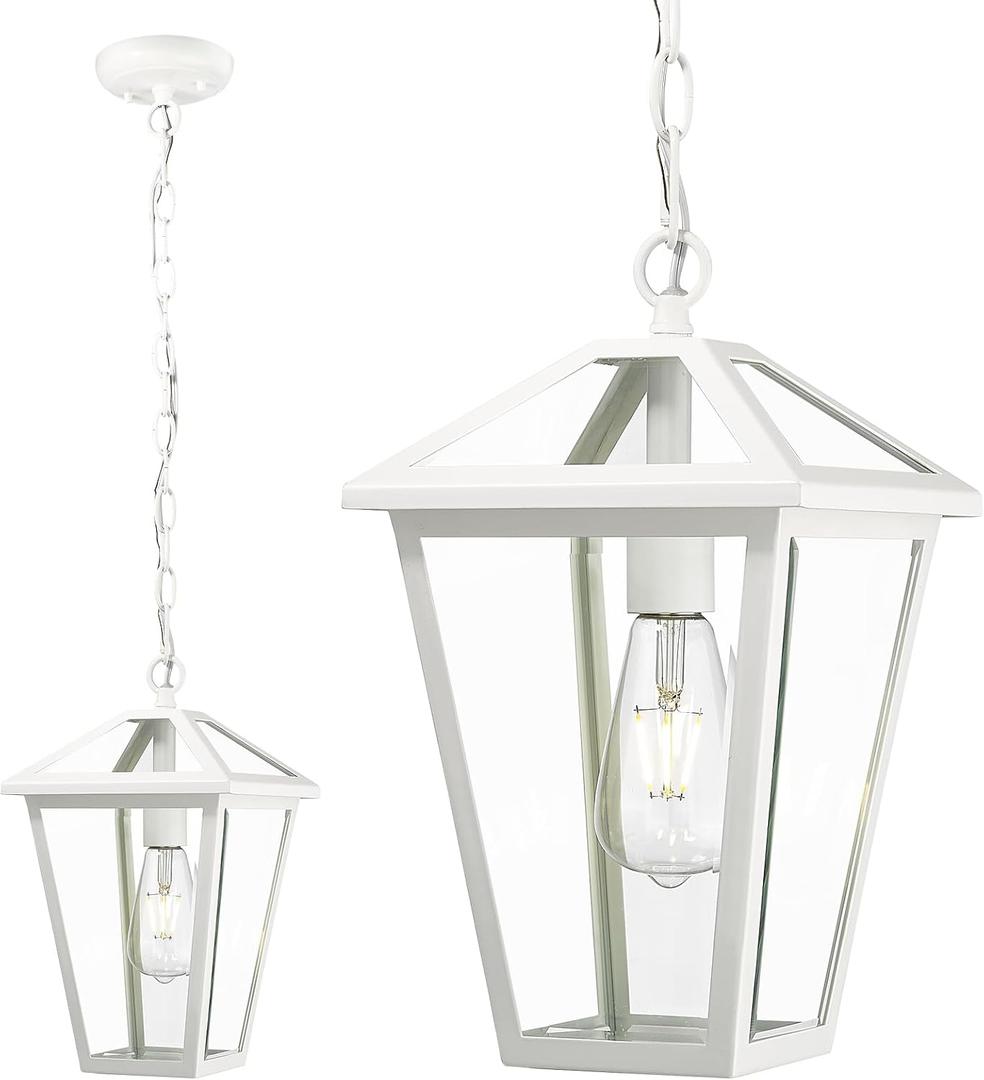 Luminzone Outdoor Pendant Lights for Porch, Waterproof Exterior Hanging Lantern Outdoor Chandelier Ceiling Mount Aluminum with Clear Glass for Entryway Doorway Gazebo Patio Foyer, White