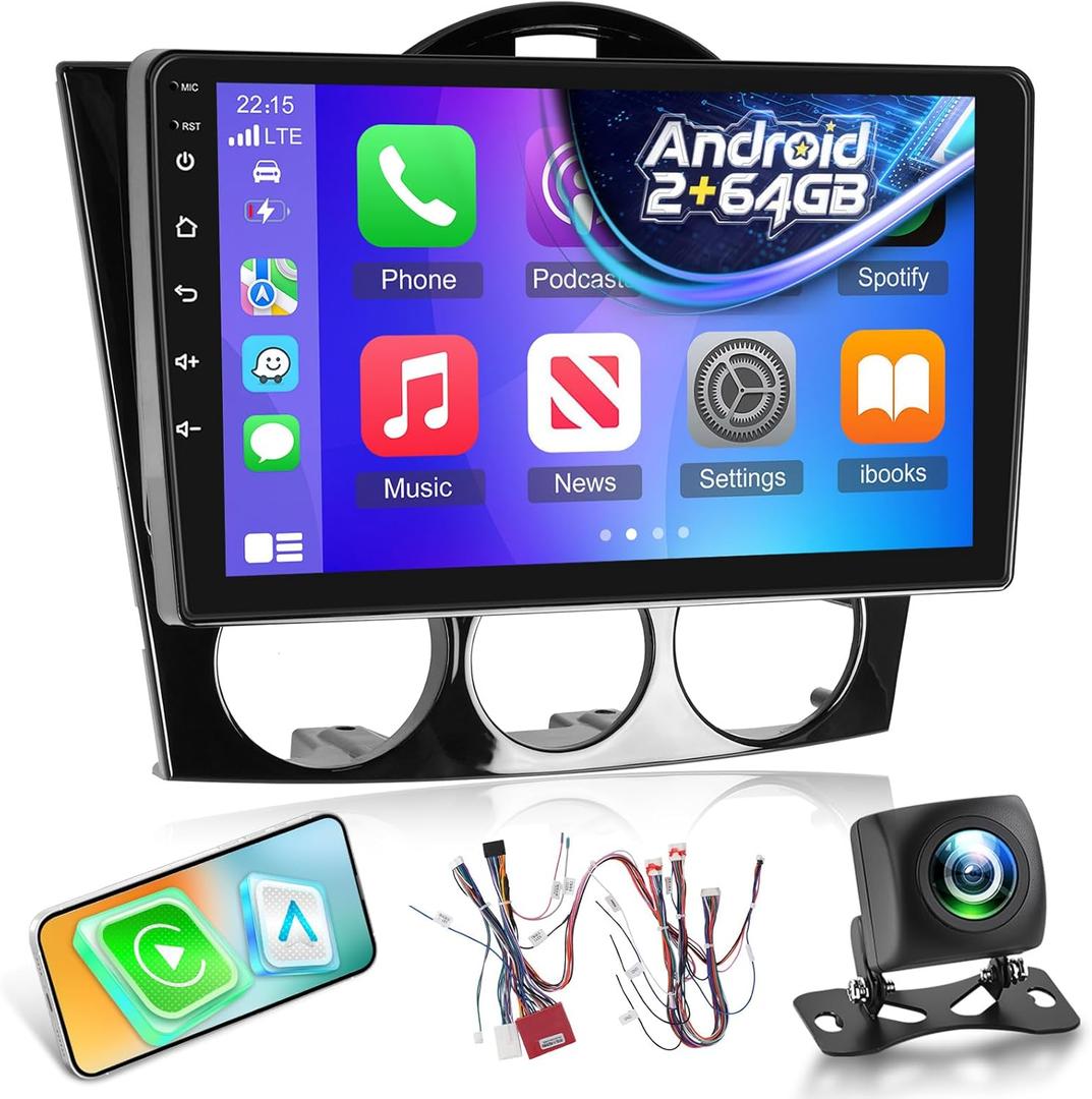 NHOPEEW Aftermarket Radio for Mazda RX-8 RX8 RX 8 2003-2008: 9 inch Touchscreen Android 15 Radio - DSP/EQ, 5G/WiFi, Wireless Carplay and Android Auto, Mirror Link, SWC + Backup Camera + Canbus