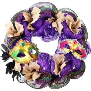 Dingion 20 Inch Mardi Gras Wreath Decoration for Front Door Carnival Purple and Green Glitter Party Decor Venetian Mask Fleur De Lis Wreath Mardi Gras Home Indoor Outdoor Glitter Party Decoration