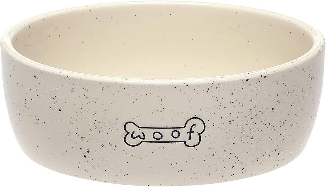Pearhead Ceramic Dog Bowl Woof Speckled Pet Food & Water Dish, Durable Stoneware, Non-Slip Heavy Base, 20 oz, Medium