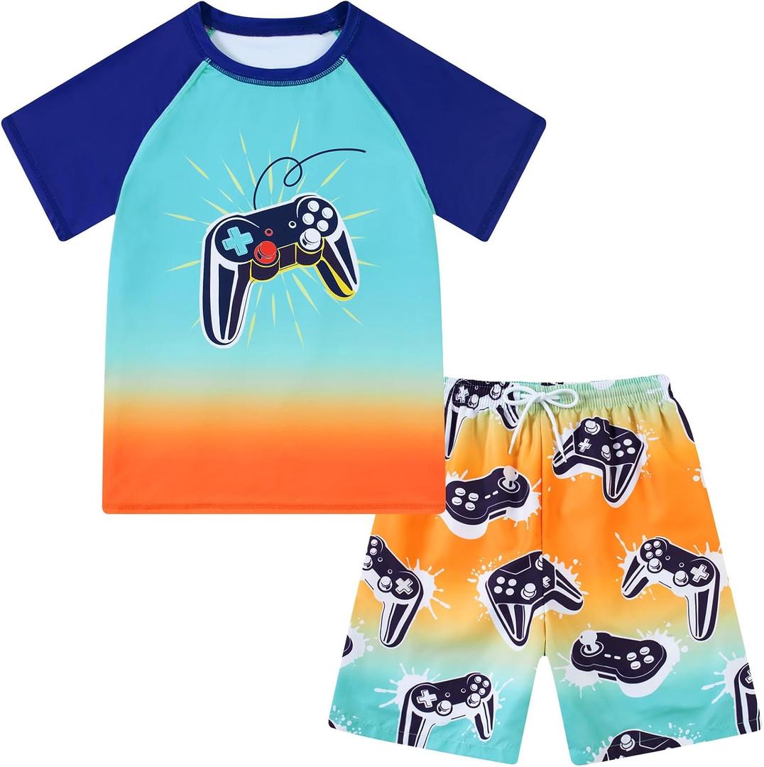 Boys Bathing Suits 5t Toddler Swimsuits Swim Trunks with Rash Guard for Boy Size 5-6 Swimwear Kids Swim Set Blue Gamepad Children Swimming Suits