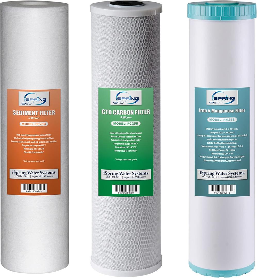 iSpring F3WGB32BM 4.5 x 20 3-Stage Whole House Water Filter Set Replacement Pack with Sediment, CTO Carbon Block, and Iron & Manganese Reducing Cartridges Fits WGB32BM, White (Pack of 1) iSpring F3WGB32BM 4.5 x 20 3-Stage Whole House Water Filter Set Replacement Pack with Sediment, CTO Carbon Block, and Iron & Manganese Reducing Cartridges Fits WGB32BM, White (Pack of 1)