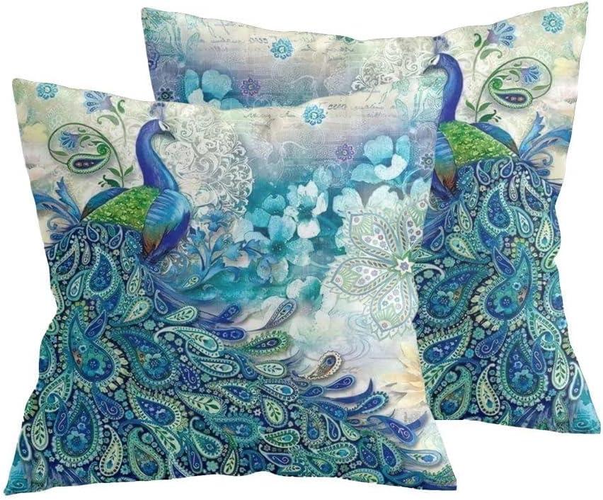 Teal Peacock Throw Pillow Covers Set of 2, Vintage Watercolor Blue Teal Turquoise Peacock Gifts Microfiber Fabric Decoration Pillowcases Home Sofa Couch Bed Decor Square 18x18 Inches Pillow Cases (Single-Sided Printing)