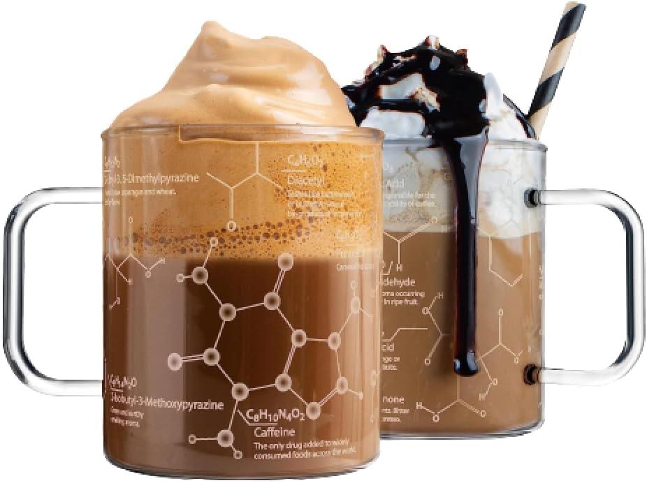 Greenline Goods Glass Coffee Mug - 16 oz Tumbler Science of Coffee Glass (Set of 2) - Etched with Coffee Chemistry Molecules