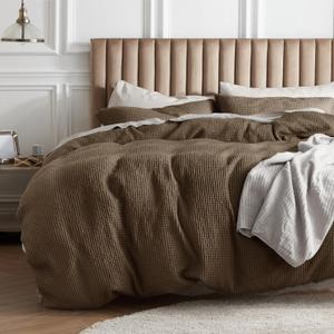 Cotton Duvet Cover Queen Size - 100% Cotton Waffle Weave Brown Duvet Cover Queen Size, GentleSoft and Breathable Bedding Set for All Season, 3 Pieces, 90"x90"