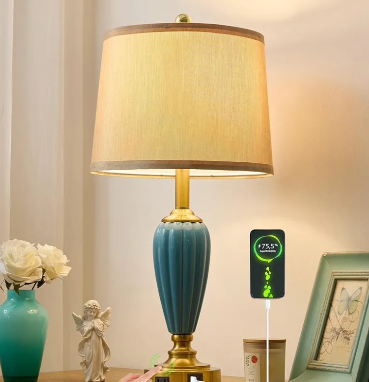 SAIWEYA Living Room Table Lamp, 25.5" Touch Lamp for Nightstand with USB A+C Ports, Modern Farmhouse Table Lamps for Bedroom, Bulb Included